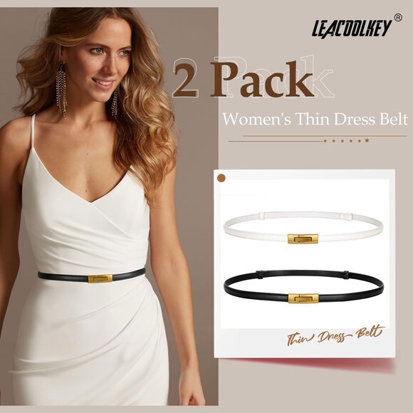 2 Pack Women Skinny Leather Belts Ladies Vintage Gold Buckle Thin Waist 2387 - Picture 2 of 6